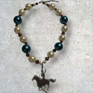 Elegant Pearl and Teal Beaded horse and rider Necklace. Western, cowboy, stones